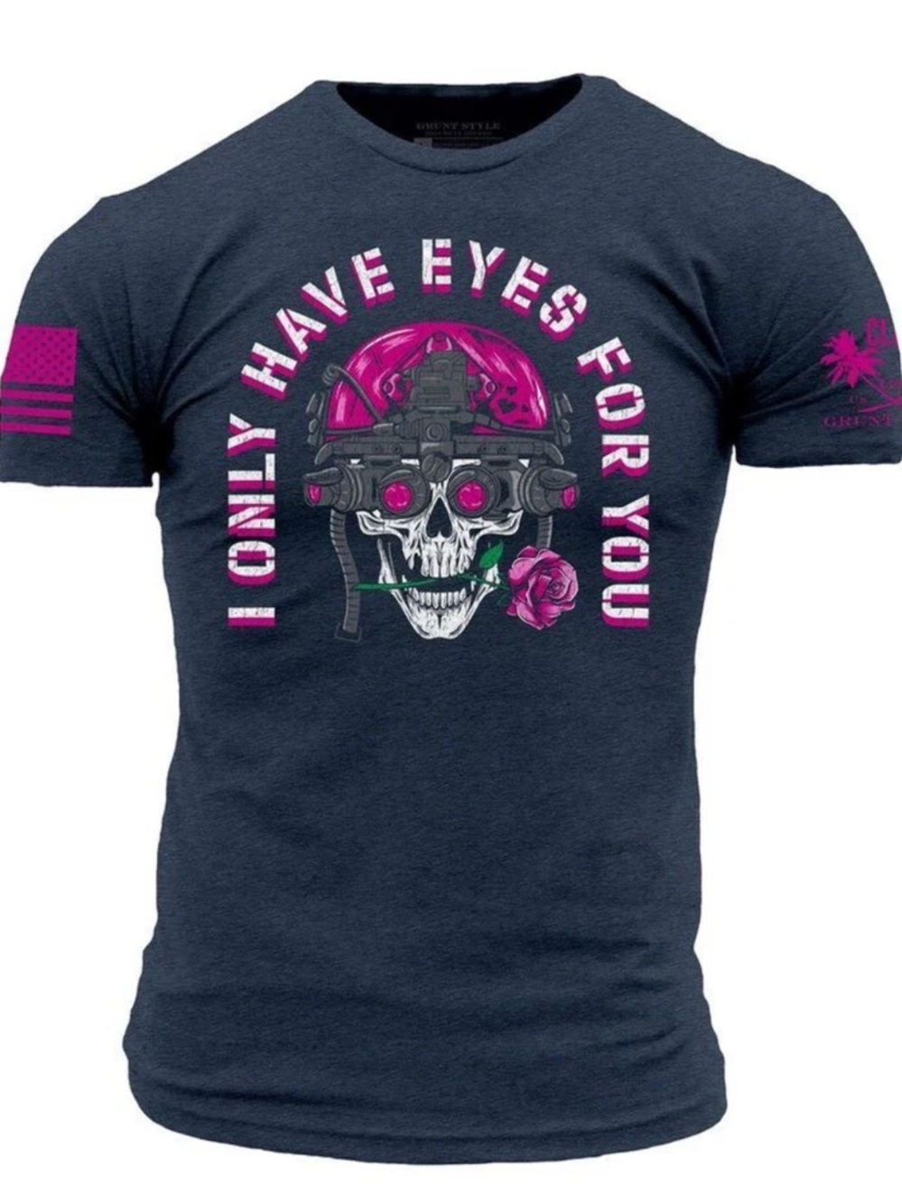 Grunt Style Black Tee with Pink Skull & Rose Graphic